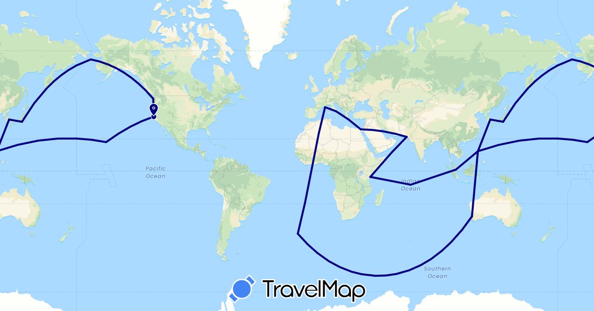 TravelMap itinerary: driving in Australia, Egypt, France, Italy, Japan, Kenya, South Korea, Philippines, Pakistan, Singapore, United States (Africa, Asia, Europe, North America, Oceania)